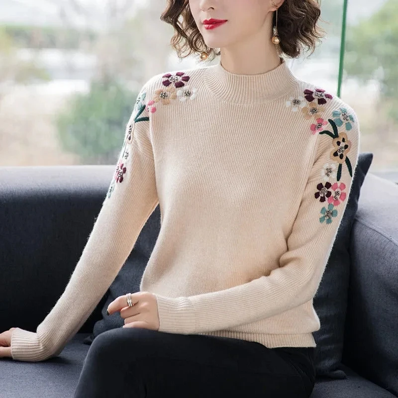 Half Turtleneck Embroidered Flowers Women Sweaters Fall Winter Thick Warm Pullover Slim Tops Mother Loose Jumper Knitted Sweater