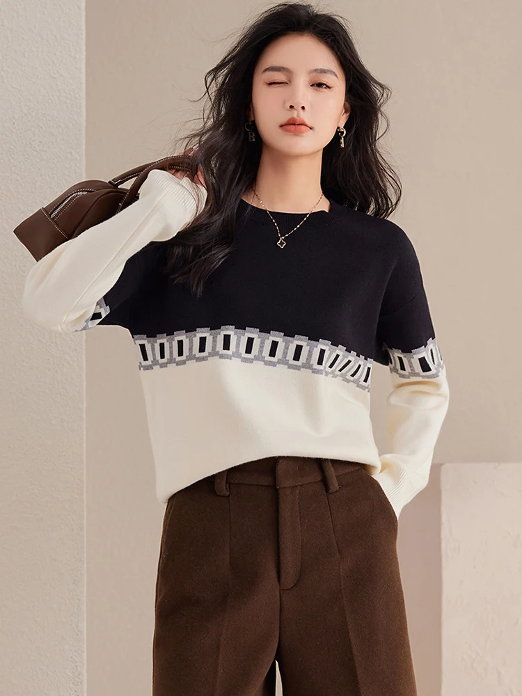 Knitted Sweater Women Autumn New Fashion Contrasting Color Casual Versatile Long Sleeved Tops Lazy Style Pullover Sweater