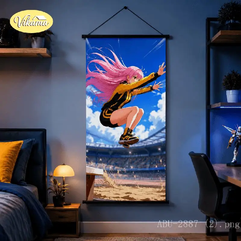 VIKAMA Anime Girl Long Jump Tapestry Pink Hair Stadium Track Field Sport Art Wall Hanging Bedroom Living Room Home Decor