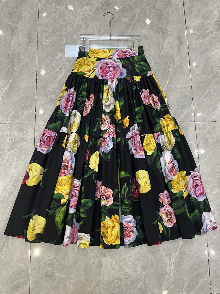 Fashion Rose Flower Printing Skirt Women 100% Cotton Summer Beach Holiday Expansion High Street Lady Elegant Half Dress