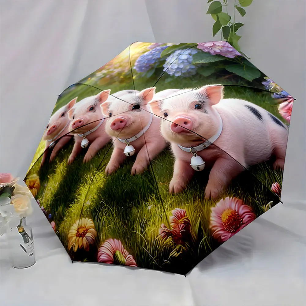 1PC Adorable Piglets Umbrella with Floral Garden Design Print 8 Iron Ribs Folding Umbrella Auto-Open Fashion Sunshade