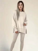 Women's Casual Loose Long Sleeve round Neck Split Top Sweatshirt Set with Tight Pants European & American Style Autumn/Winter