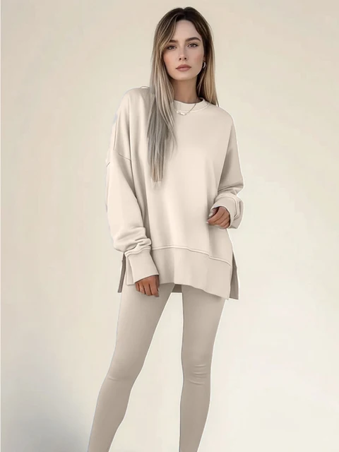 Women's Casual Loose Long Sleeve round Neck Split Top Sweatshirt Set with Tight Pants European & American Style Autumn/Winter