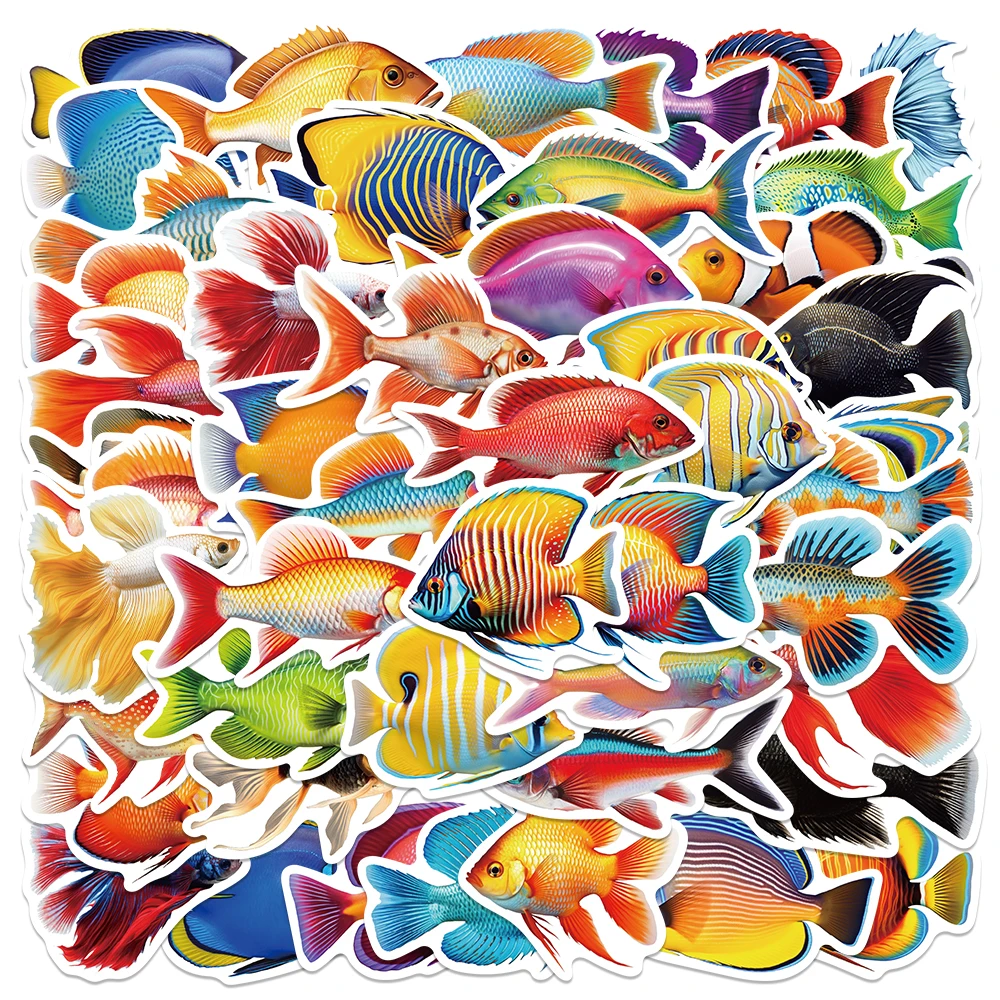 Pegatinas de peces de dibujos animados para niños, calcomanías estéticas para portátil, monopatín, Maleta, álbum de recortes, papelería, útiles escolares, 50 piezas