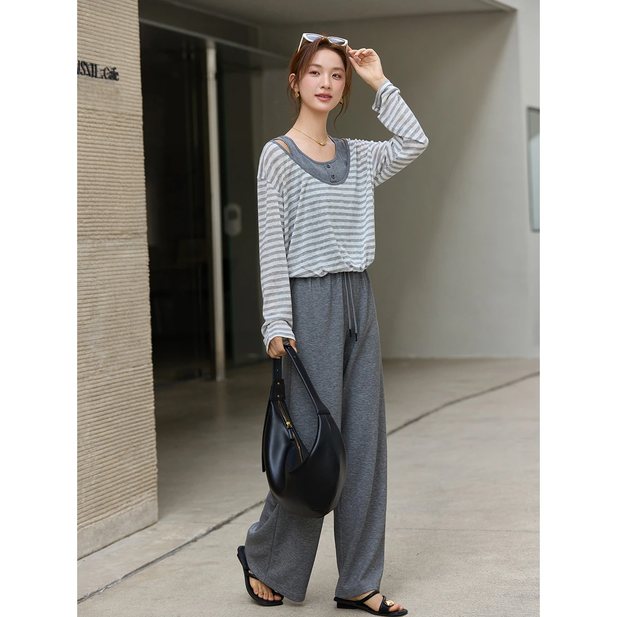VIMLY Women's Casual Sets for Woman 2026 Spring New Grey Striped Fake Two-Piece Top High Waisted Wide Leg Pant 2 Piece Set 30781 view 4