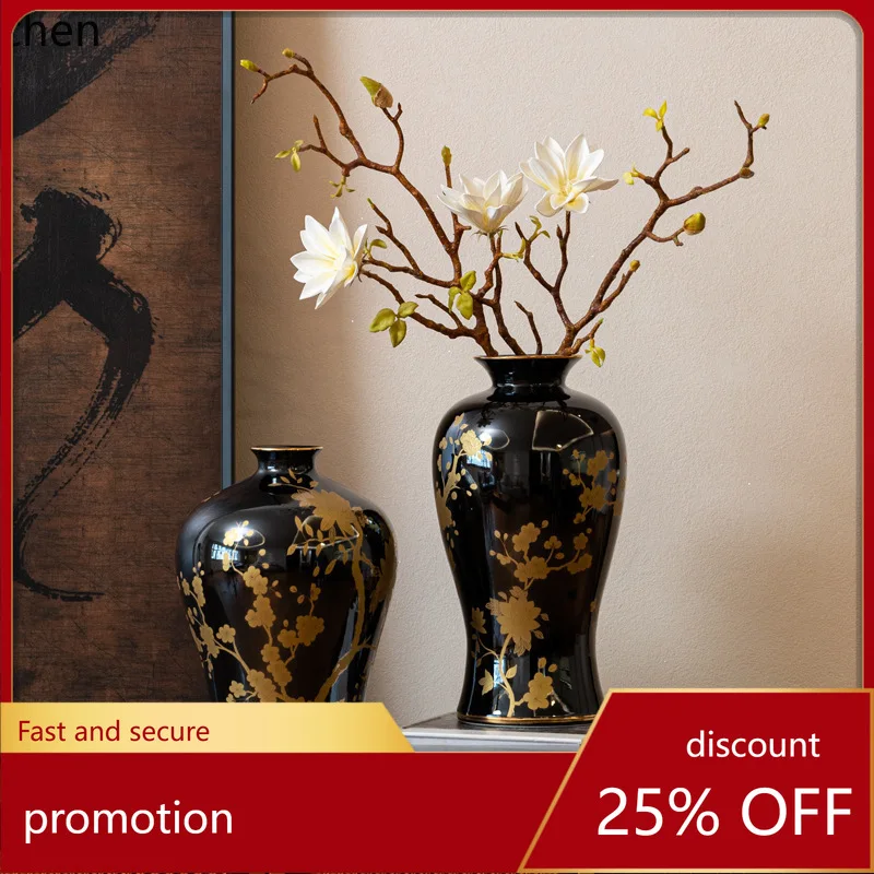CZ Gold-Embossed Vintage Ceramic Vase Ornament for Living Room TV Cabinet Dining Table Entryway Cabinet Decoration