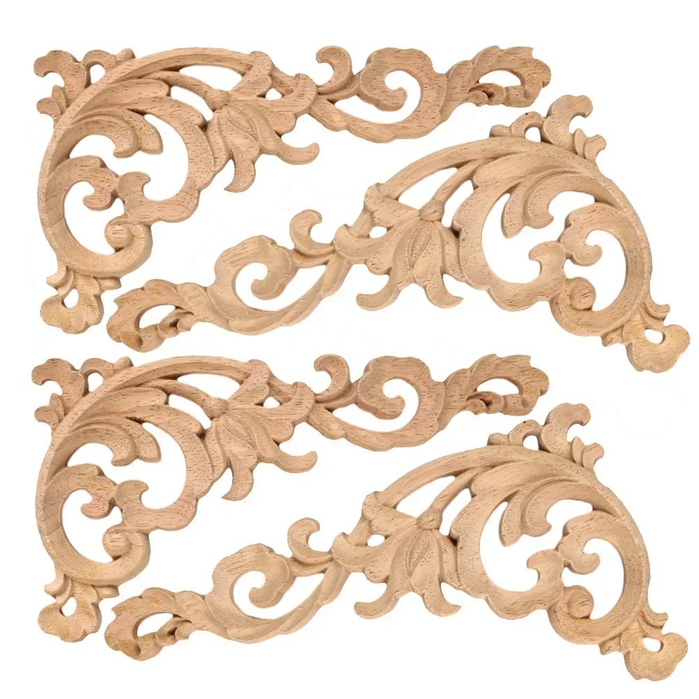 4PCS 22/25cm Woodcarving Decal Corner Applique Frame Door Decorate Wall Doors Furniture Decorative Figurines Wooden Miniatures