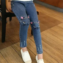 Casual Jeans For Girls Kids Cute Cat Design Pants Children's Jeans Denim Clothing For Girls 7 to 14Y Spring and Autumn Trousers