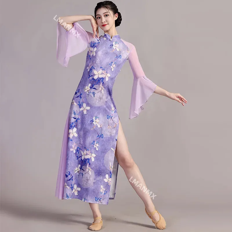 

Classic Retro Style Chinese Dance Qipao Dress Summer Glitter Human Fireworks Performance Dress Purple Rhyme Dance Dress