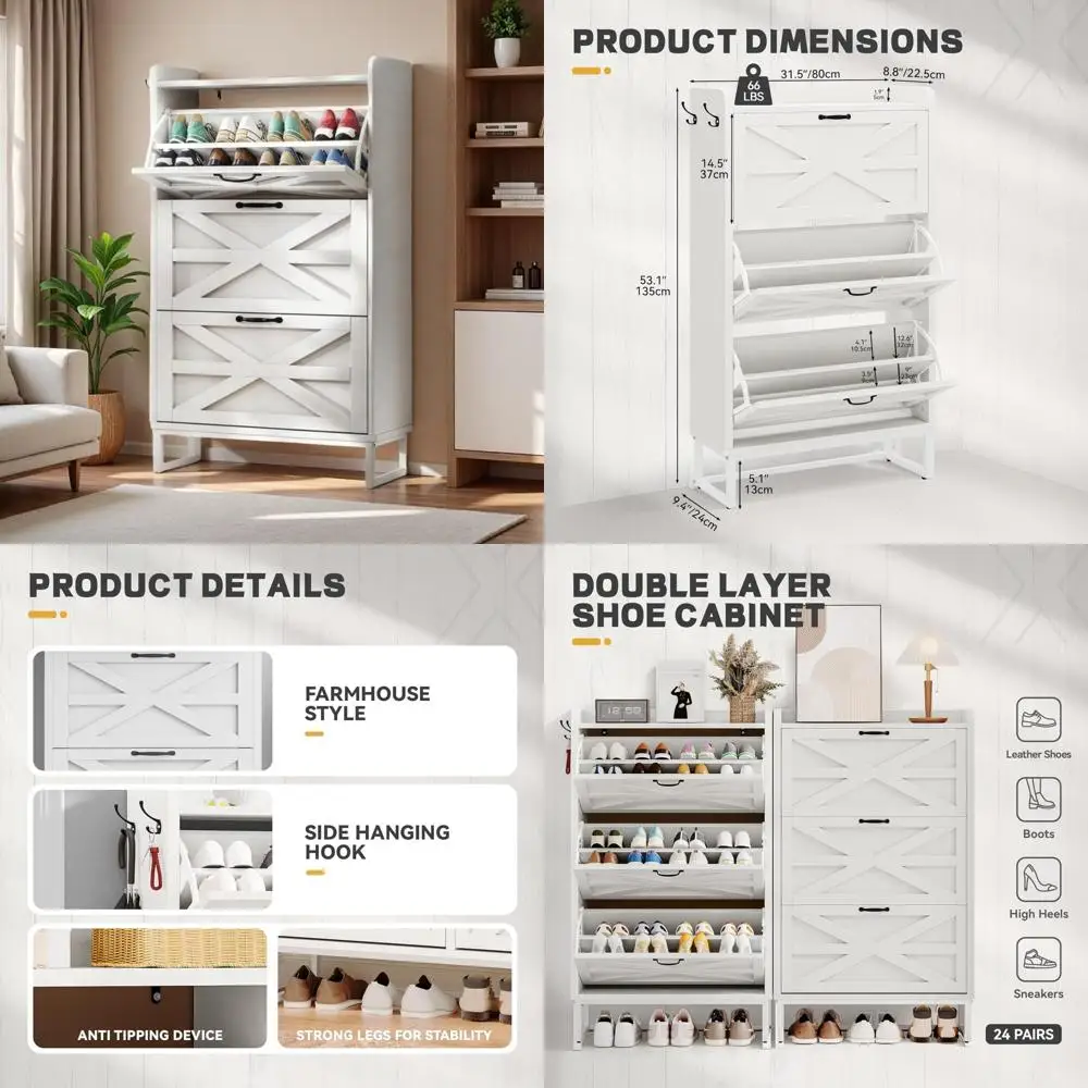 

Шкаф для хранения обуви в стиле фермерского дома с 3 ящиками, вмещает до 24 пар, тонкая полка для обуви для прихожей