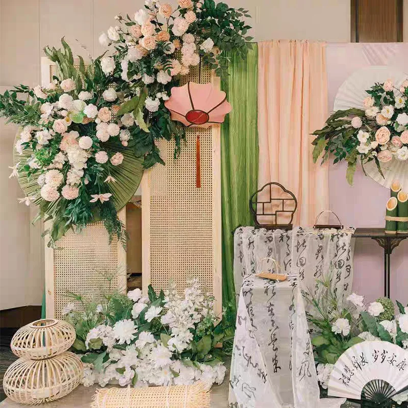 Mori wedding arrangement wooden screen grid propswedding engagement banquet baby banquet background wooden rattan props
