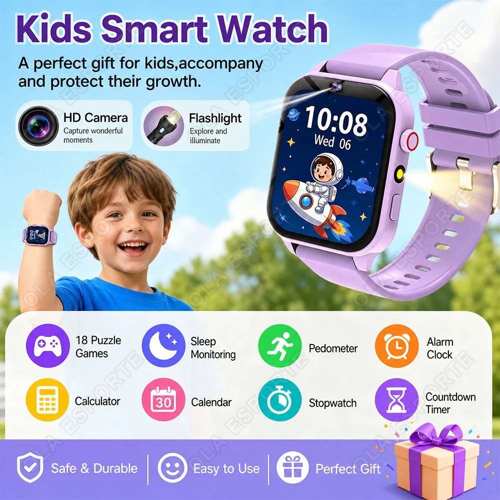 Kids Smart Watch LED Flashlight 18 puzzle games HD Camera Alarm Clock Calculator Sleep Monitoring Children Smartwatch Gift HT30