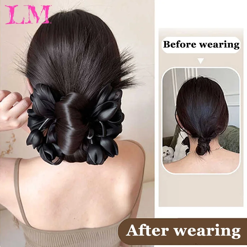 LM Organza Flower Bow Claw Clip Hair Bun Synthetic Low Chignon Hairpiece for Women Wedding Daily Hairstyle