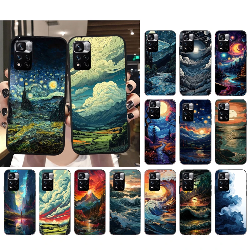 Moon Wave Cloud River Mountain Sceneary Phone Case For Xiaomi Redmi note 13 12 Pro 11S 11 10 Pro 10S 12S Redmi 13 10 13C