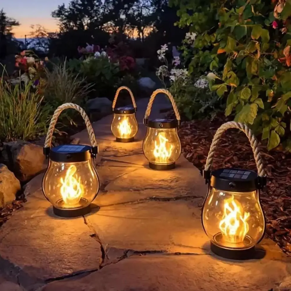 Solar Powered Flame Lights Camping Light Rope Solar energy Solar Flame Lights Plastic USB Rechargeable Hanging Lantern Camping