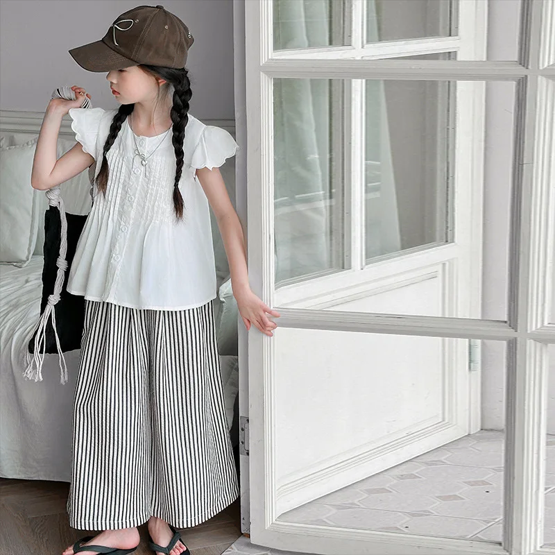 Girls Suits Summer 2024 New Style Women Big Children Summer Sleeveless Doll Shirt Children Wide-leg Pants Two-piece Set