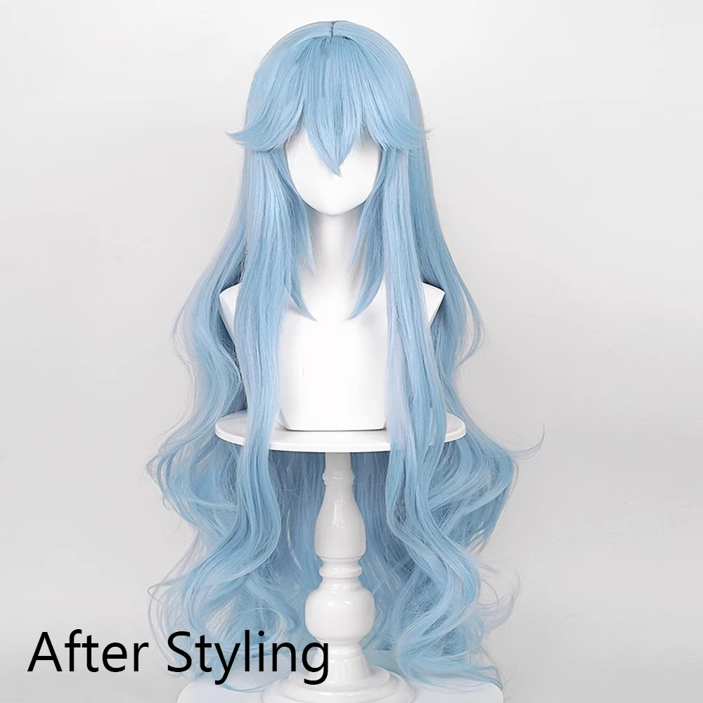 Lange gewellte synthetische blaue Damenperücke mit Pony, flauschiges Anime-Spiel, Cosplay, hitzebeständige Perücke für die tägliche Party – Detail 2