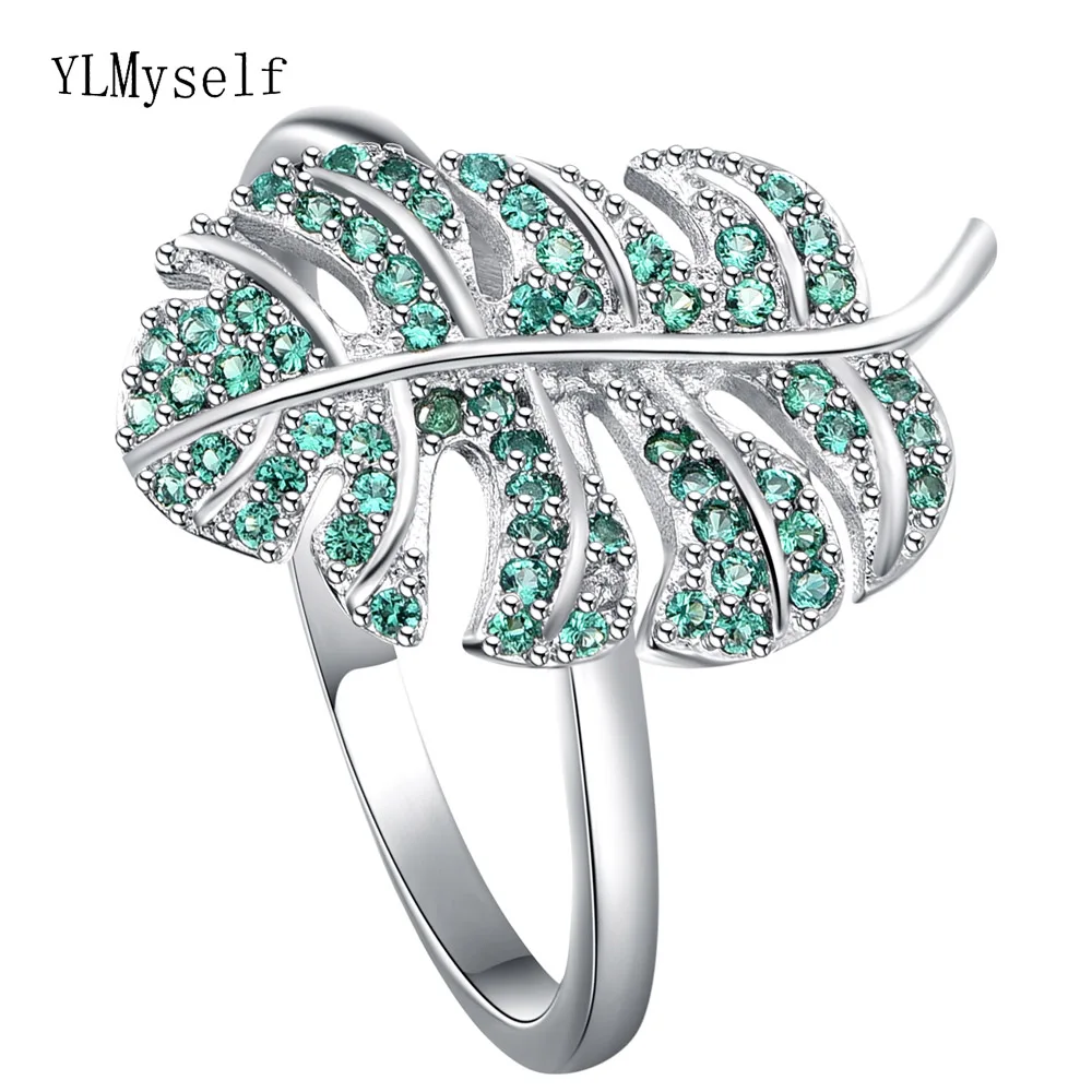 

Trendy Leaf Ring Pave Emerald Green Sapphire Zircon Copper With Thick Platinum Plating Lovely Fashion Jewelry For Women