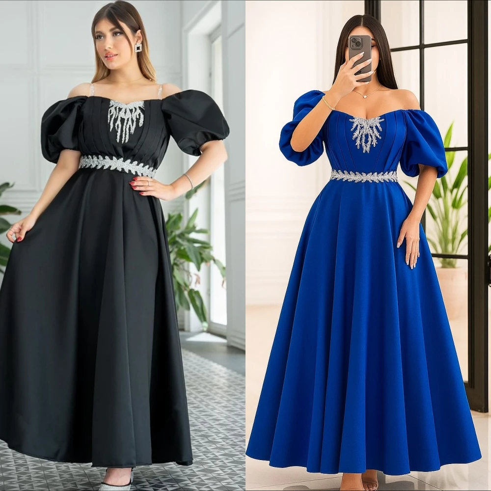 فستان سهرة رسمي أنيق مخصص برقبة قارب على شكل حرف A وأكمام قصيرة، فساتين مناسبة كلاسيكية حديثة للحفلات