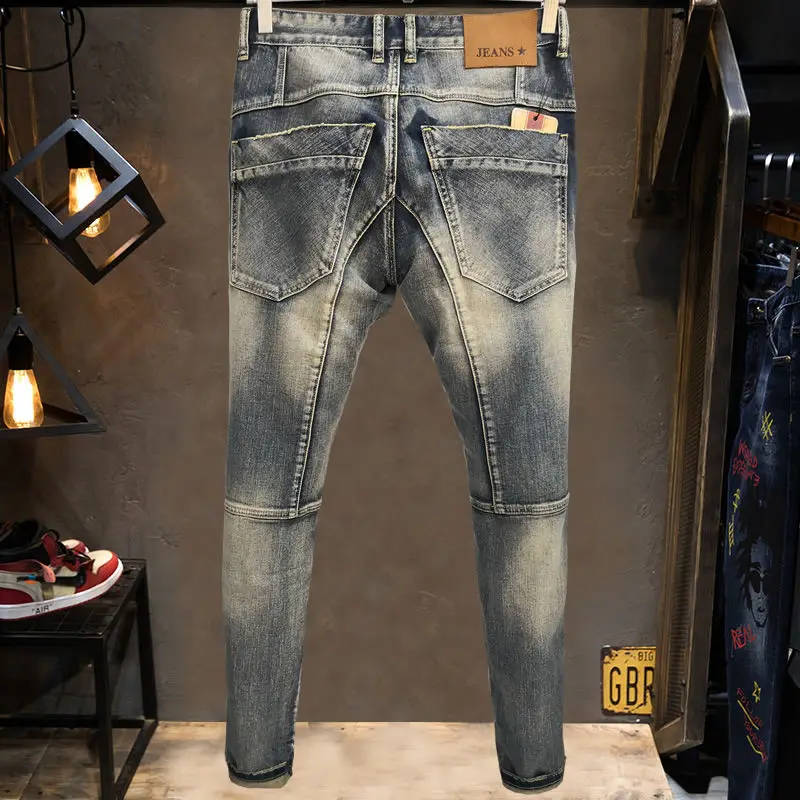 European and American Fashion Vintage Wash Personality Splice Zipper Decoration Multi bag Elastic Motorcycle Jeans Men's Pants