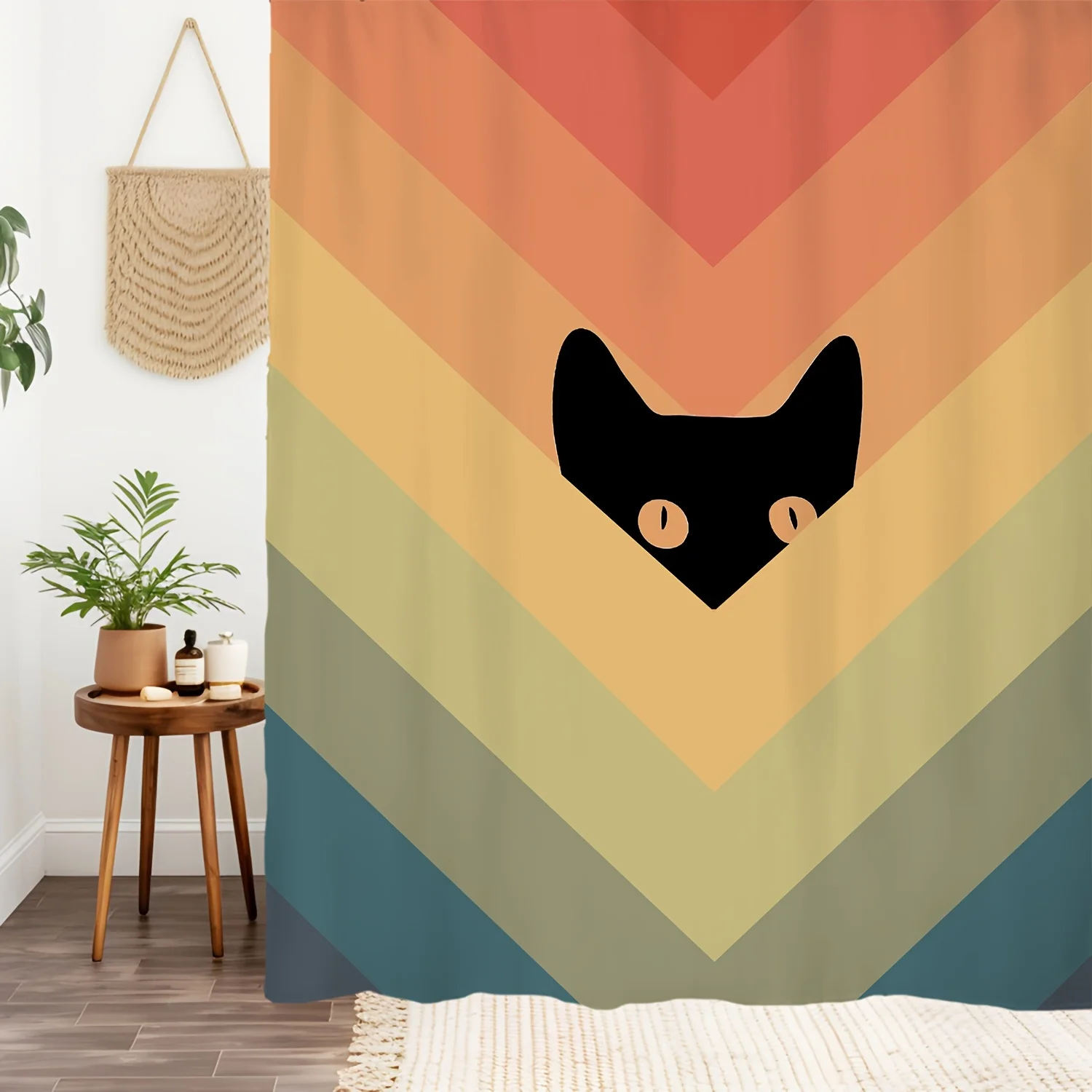Abstract Cat Shower Curtain - Rainbow Chevron Pattern, Minimalist Black Cat Silhouette, Colorful Geometric Bathroom Decor Modern