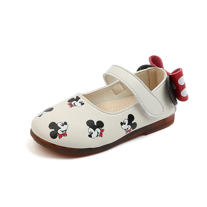 Mickey Cartoon print Princess Girls scarpe in pelle Bowknot tacchi piatti scarpe a farfalla singola bambini moda ragazze regali di compleanno