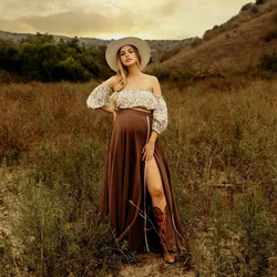 Vestido bohemio para sesión de fotos de embarazo, Top de gasa estampado y falda de algodón de lino, vestido de fotografía para mujer, vestido estilo bohemio