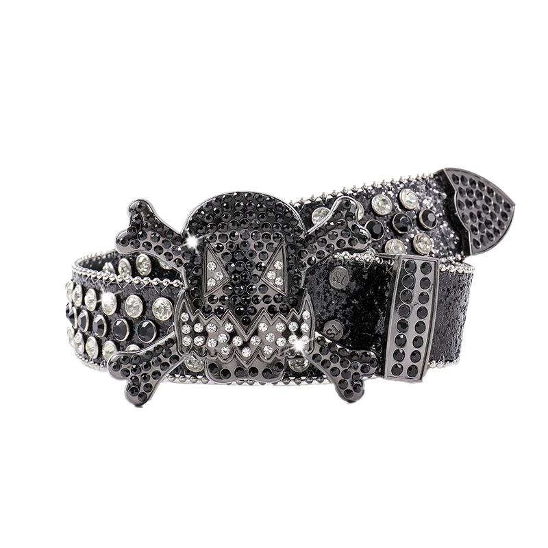 

Western Skull Rhinestone Buckle PU Leather Women Belt Fashion Punk Hiphop Belt for Mens