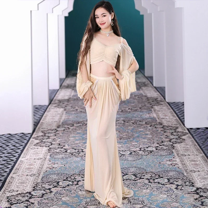 

Sexy Two Piece Belly Dance Costume Set For Women Elegant Cut-out Long Sleeve Hollow Camisole With High-Rise Slim Long Skirts