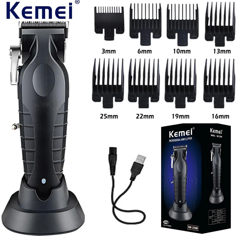 Kemei 남성용 전기 헤어 클리퍼, USB 충전식, 0mm 간격 조각 클리퍼, 무선 헤어 트리머, 헤어 커팅 머신 KM-2296 