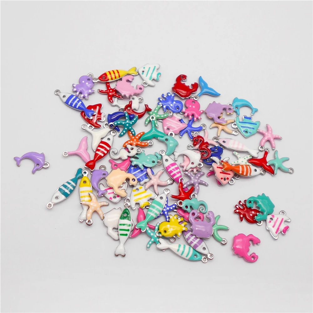 10 قطعة دلايات من الفولاذ المقاوم للصدأ سلسلة الحياة البحرية المينا مزدوجة الوجهين قلادة كراب الأسماك Seastar على شكل استرخى لصنع المجوهرات #4