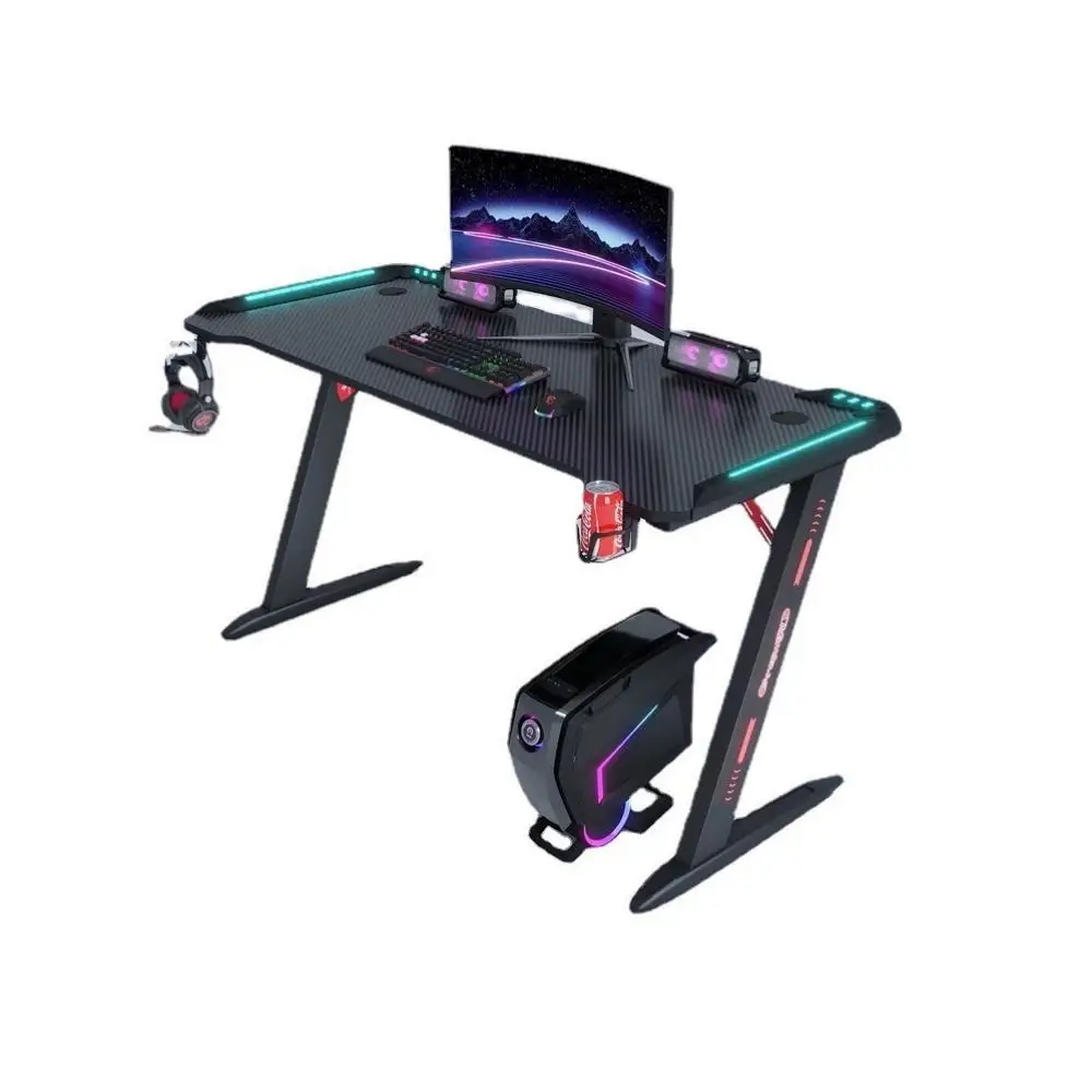 SKY-TOUCH Gaming Desk,Ergonomic Computer and Gaming Table LED Lights Carbon Fiber Surface,Cup Holder and Headphone Hook120×60×75