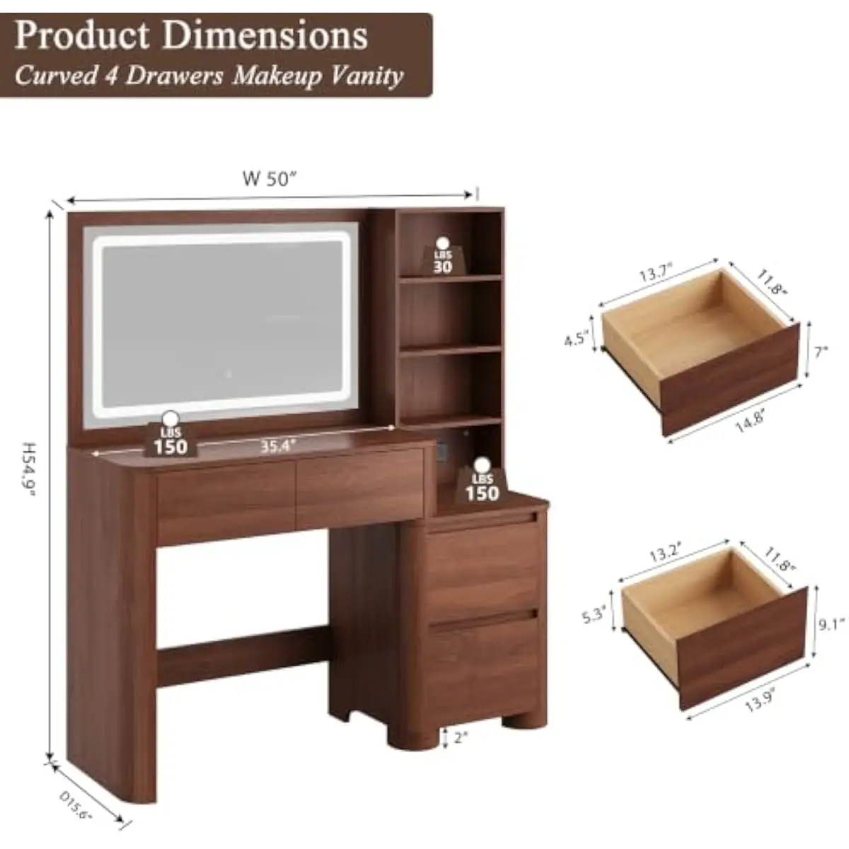 50 inch modern vanity desk with 36 inch adjustable LED mirror offering three color temperatures dimmable brightness spacious sto
