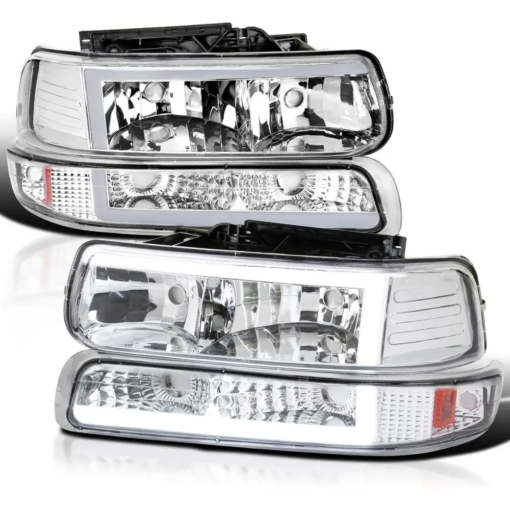 Chrome LED Bar Headlights + Bumper Lights Compatible with 1999-2002 Chevy Silverado 2000-2006 Tahoe Suburban, Left + Right Pair