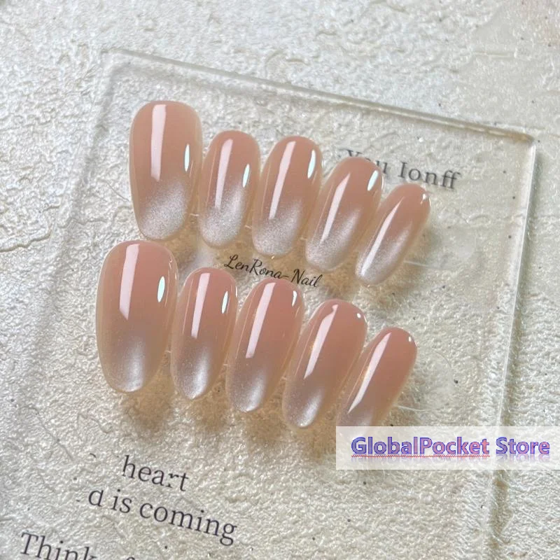 [TG823]Solid Color Press On Nails, Ice Transparent Cat Eye Nails Handmade Nude Skin-Flattering Nail Patches