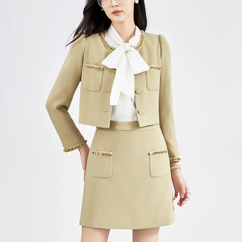 

30% Wool Elegant Skirts Sets For Women 2 Pieces Long Sleeve Jacket Coat And Mini Skirt Office Lady Two Piece Sets Autumn Winter