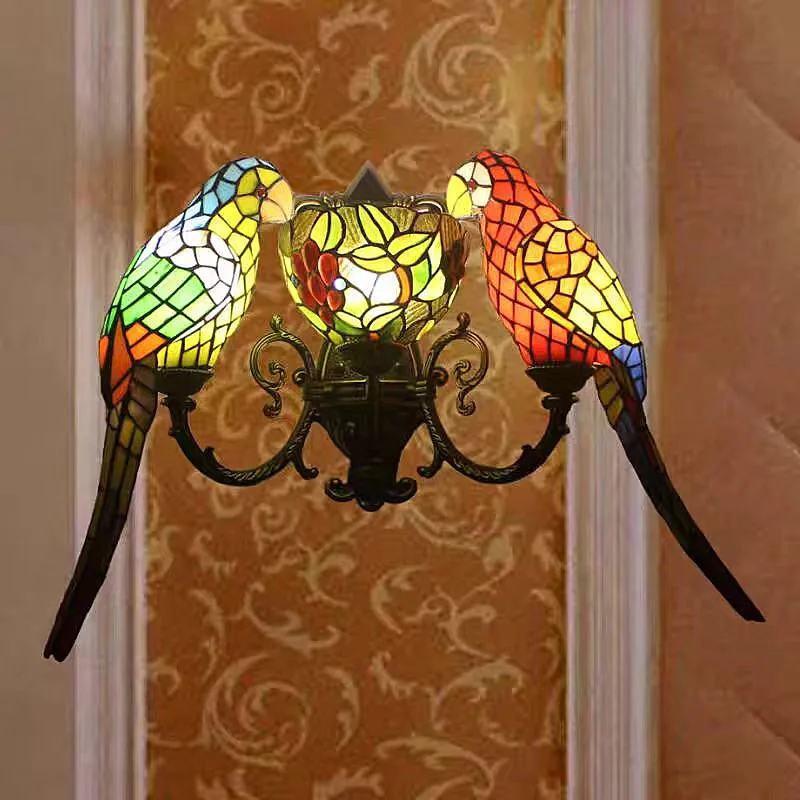 Vintage tiffany wall lamp American countryside parrot lamp for Children's room Homestay Villa Hotel  Animal beside wall Lamp