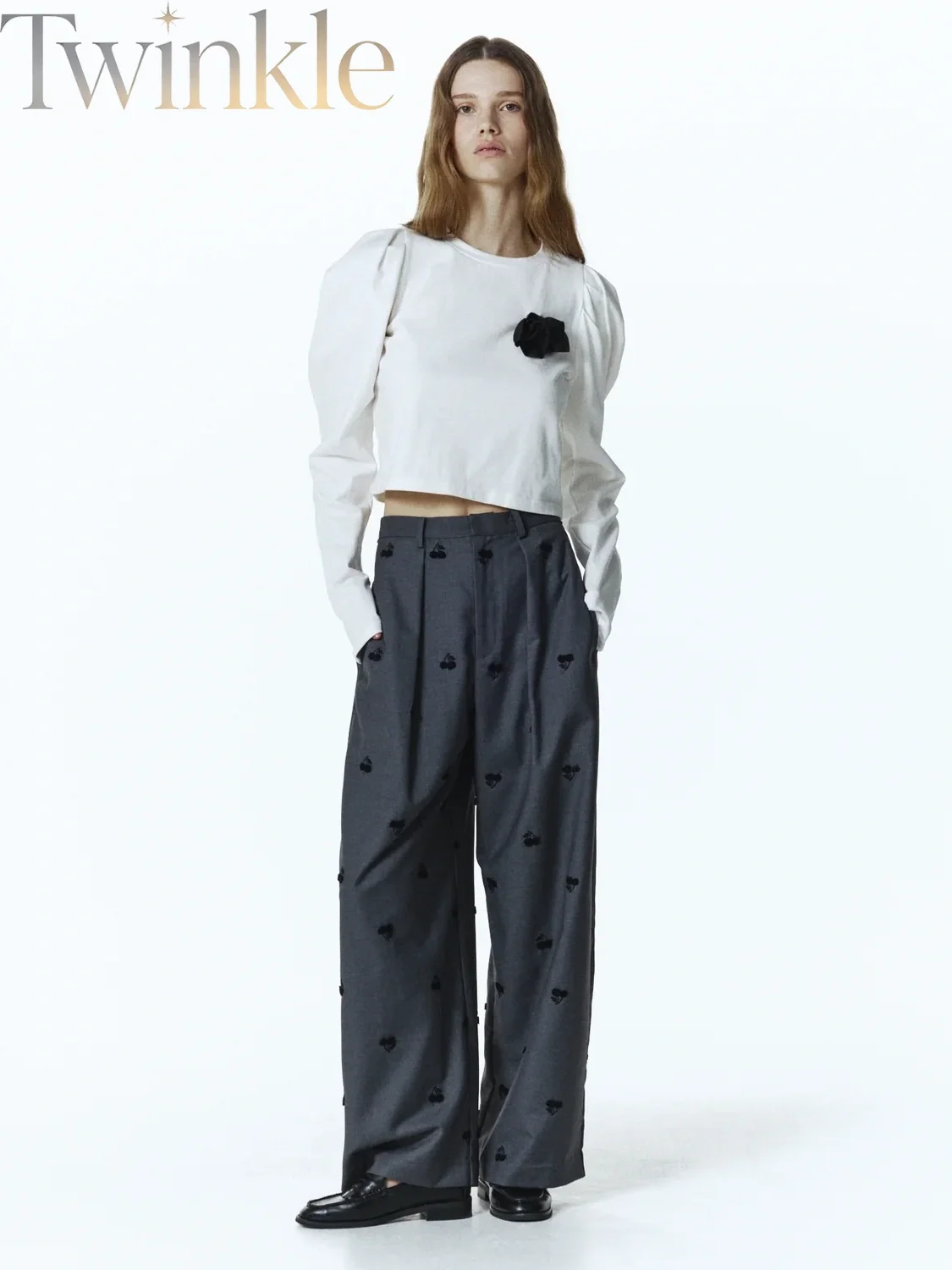 Embroidered Cherry Pleated Casual Pants  Cute Relaxed-Fit High-Waisted Trousers with Y2K Kawaii Details