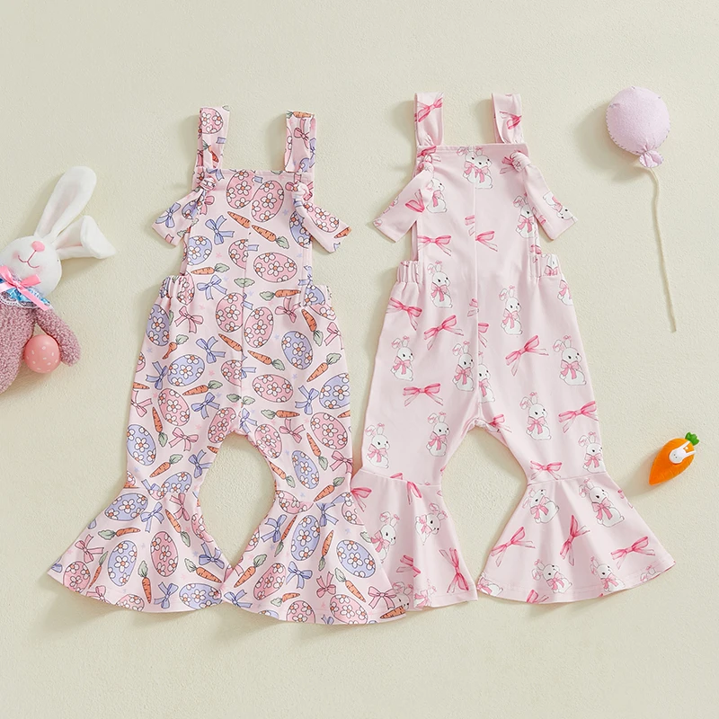 Cute Toddler Girls Easter Jumpsuit Easter Egg Bunny Bow Pattern Sleeveless Bell Bottom Flare Pants Baby Girls Romper Streetwear