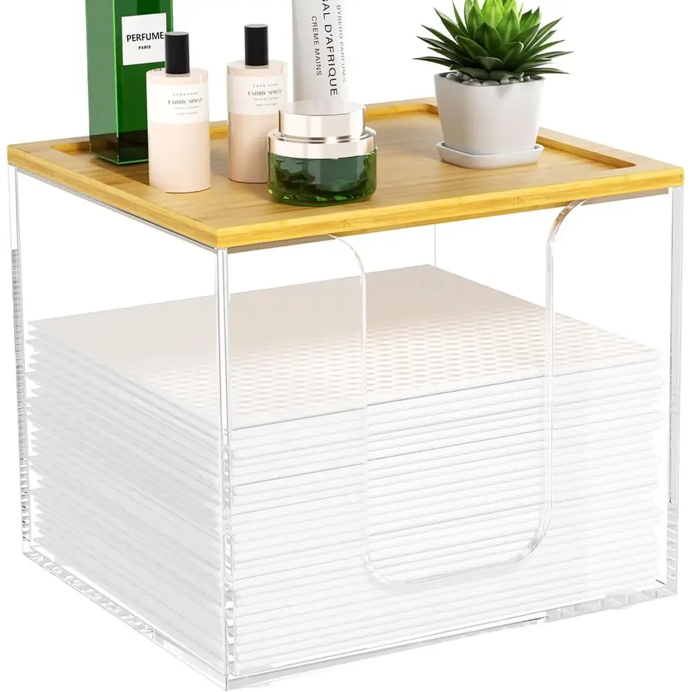 

Acrylic Large Face Towel Storage Box with Bamboo Lid for XL Towels, Clear Vanity Makeup Organizer for Bathroom