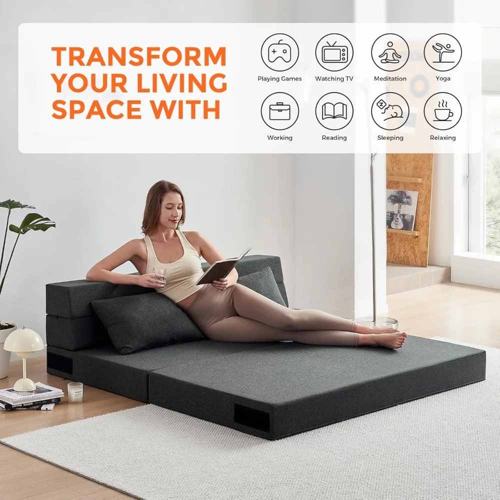 Sofá-cama queen portátil para rvs, sofá futon com colchão de espuma, cama dobrável para convidados, móveis confortáveis para sala de estar