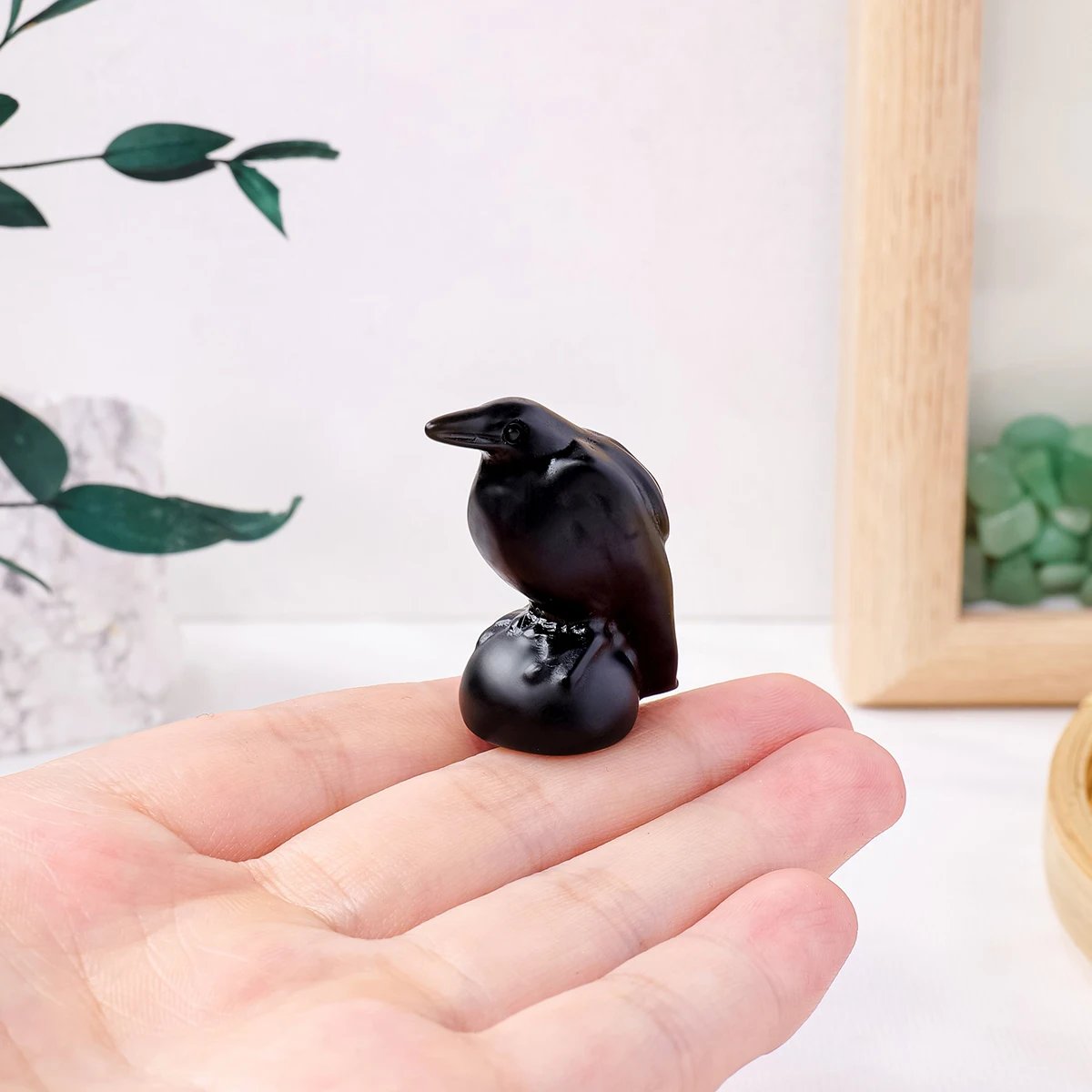 1PC Natural Crystal Obsidian Raven Statue Faux Raven Decorative Carving Pieces Halloween Home Decor Crafts