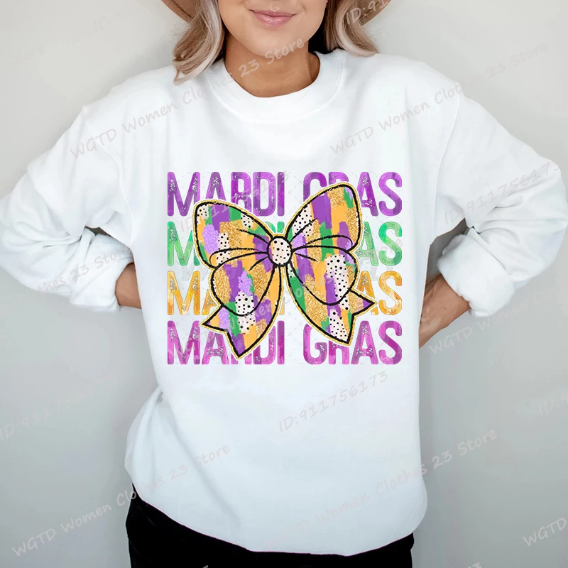 Bow Mardi Gras Print Pullovers For Women Autumn And Winter Casual Crew Neck Loose Tops Ladies Hoodless Pullover Women Sweatshirt