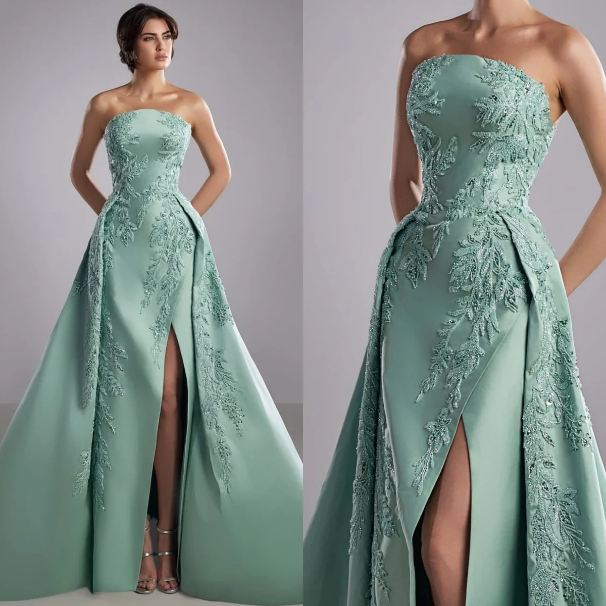 Vestido de novia sin tirantes con abertura frontal personalizado, verde, de alta calidad, encantador, para fiesta nupcial, vestidos para ocasiones a medida, bordado de satén