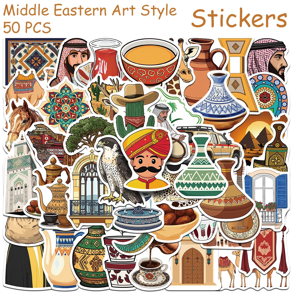 50 قطعة ملصقات نمط الفن في الشرق الأوسط الشارات لأجهزة الكمبيوتر المحمول سجل القصاصات سكيت خوذة الغيتار ملصقات الكتابة على الجدران الجمالية ذاتية الصنع