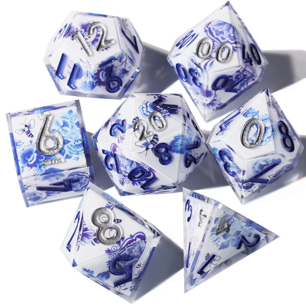 MINI PLANET Resin Polyhedral Dice With Sharp Edges Handmade Layered Sticker Dice Set for RPG Tabletop Game D&D Dice Set 7pcs