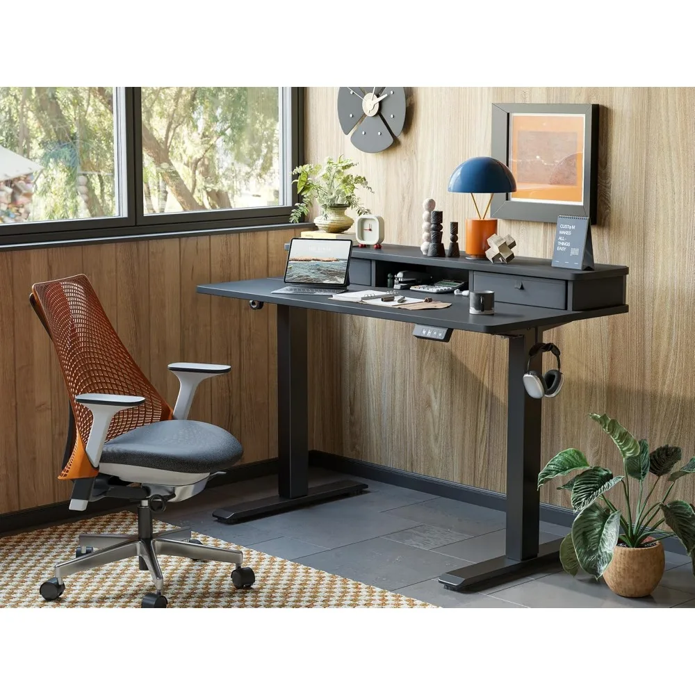 مكتب قائم كهربائي قابل للتعديل بارتفاع 47 × 24 بوصة مع رف تخزين ودرجين