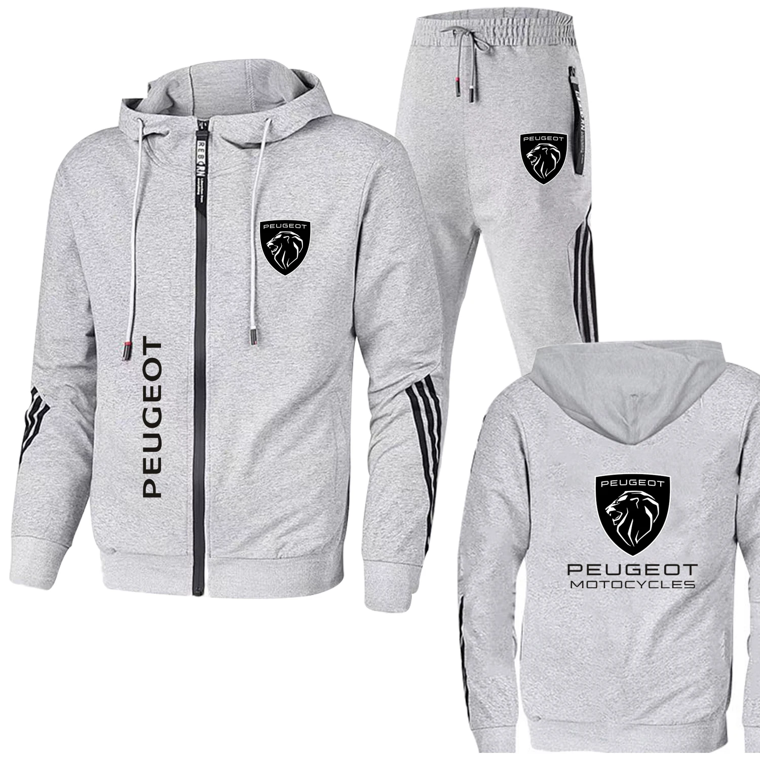 2025 neue trendige Peugeot Herrenbekleidung, Logo-Druck, Trainingsanzug, lässig, übergroß, Herren-Sweatshirt mit Reißverschluss + Hose, 2-teilige