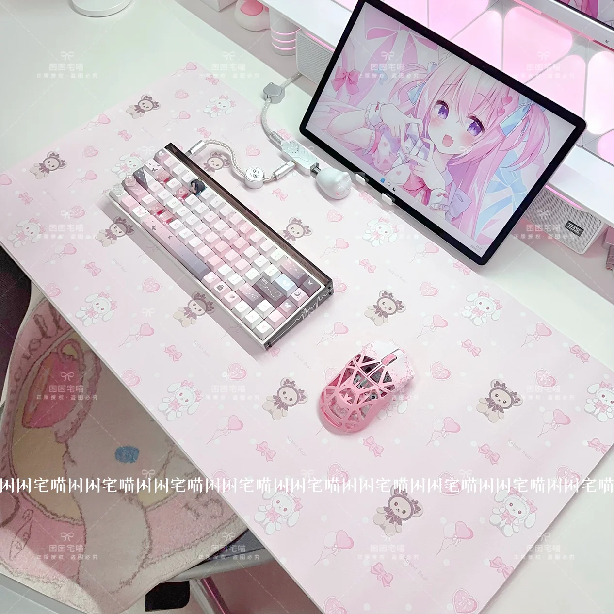 Rabbit Bear Cute Girl Large PU Leather Gaming Mouse Pad Waterproof Non‑Slip Desk Mat Keyboard Mat Gamer Office Computer Home Use