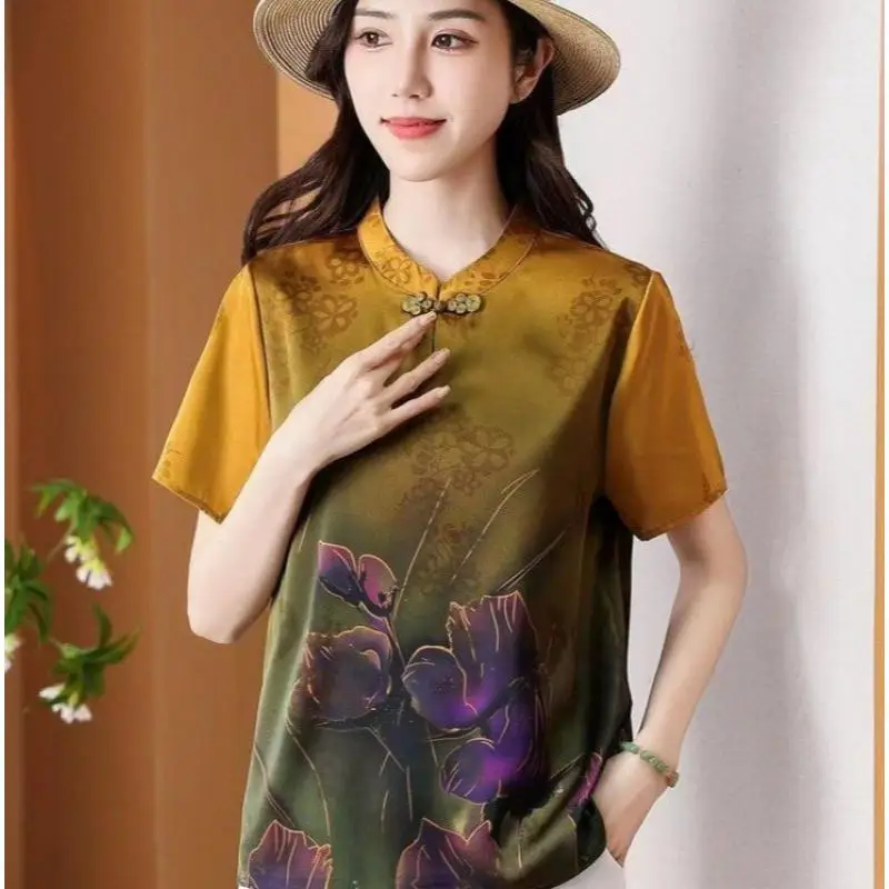 Retro Middle Aged Mother Silk Summer Floral Printing Soft Blouse Elegan Women Clothes Short Sleeve Loose Shirt